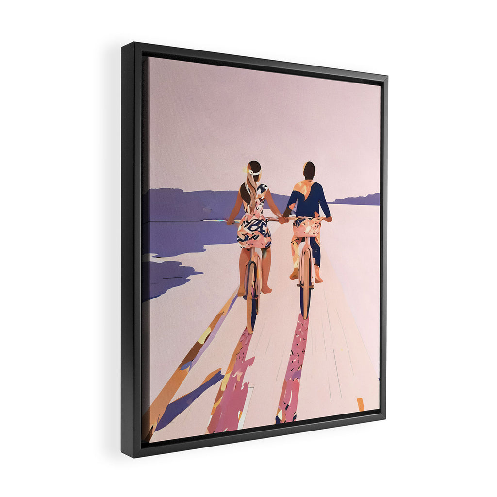 Cycling Joy Series 01: Into The Lilac Sunset, Couple Love Companion Friends, Eclectic Pastel Landscape Romantic, Scenic Outdoors Evening Painting Framed Canvas Print Gallery Image 2