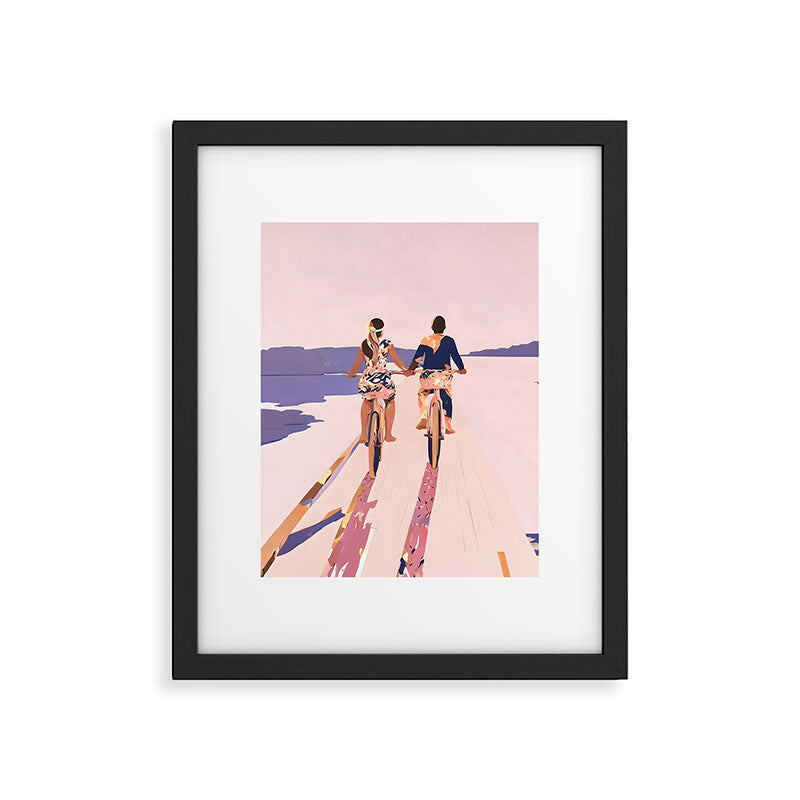 Cycling Joy Series 01: Into The Lilac Sunset, Couple Love Companion Friends, Eclectic Pastel Landscape Romantic, Scenic Outdoors Evening Painting Framed Art Print Gallery Image 5