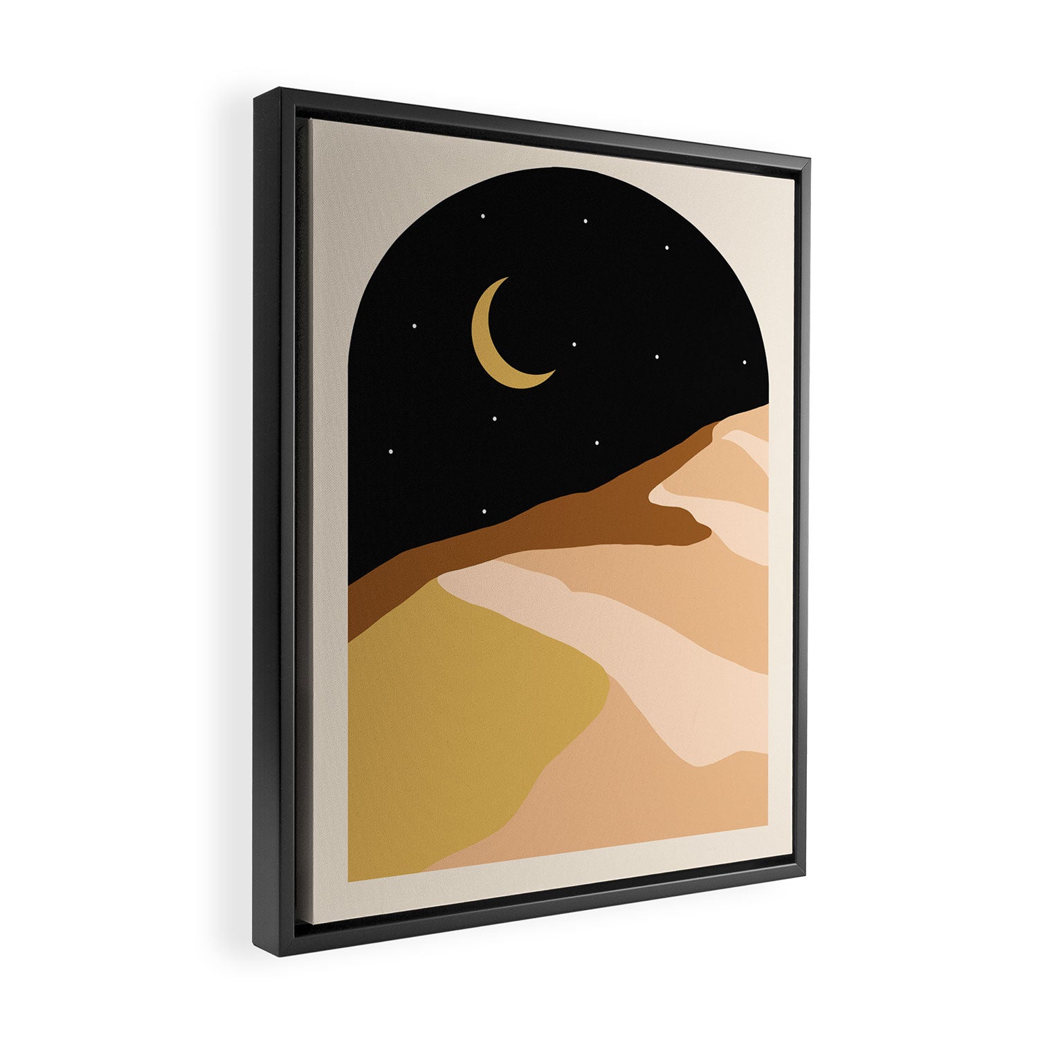 Desert Nights, Modern Bohemian Travel Sand Dunes, Eclectic Moon Stars Vintage Arc, Pastel Building Nature Landscape  Framed Canvas Print Gallery Image 2