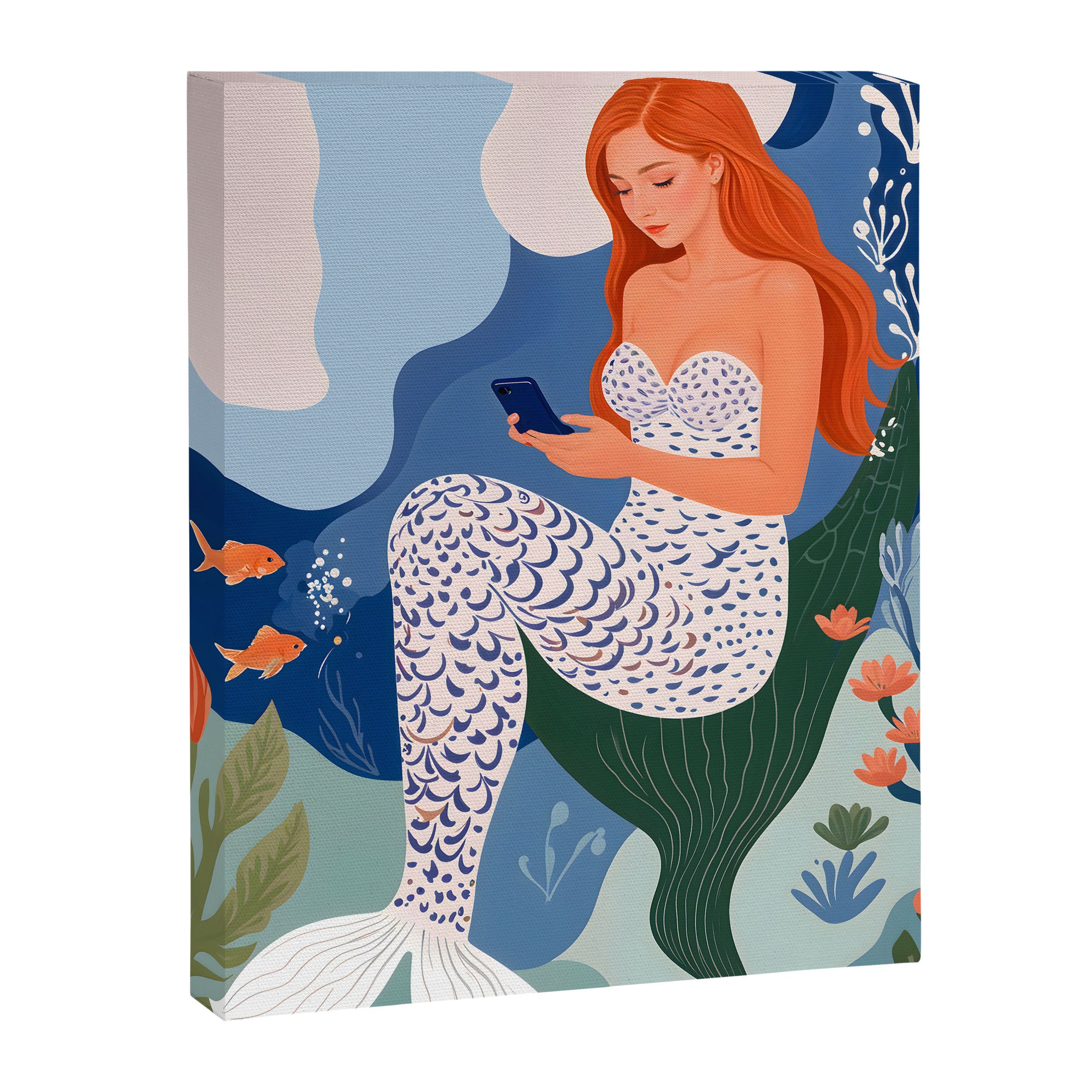 Digital Serenity, Gen Z Mermaid Underwater, Woman Girl Cellphone Mobile Device, Reels Whimsical Eclectic Boho, Contemporary Concept Ocean Painting Canvas Print Gallery Image 6