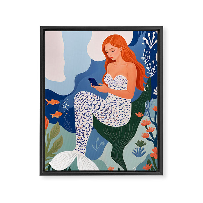 Digital Serenity, Gen Z Mermaid Underwater, Woman Girl Cellphone Mobile Device, Reels Whimsical Eclectic Boho, Contemporary Concept Ocean Painting Framed Canvas Print Gallery Image 1