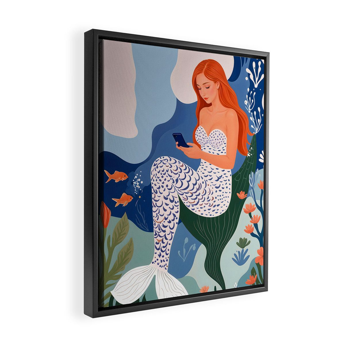 Digital Serenity, Gen Z Mermaid Underwater, Woman Girl Cellphone Mobile Device, Reels Whimsical Eclectic Boho, Contemporary Concept Ocean Painting Framed Canvas Print Gallery Image 2