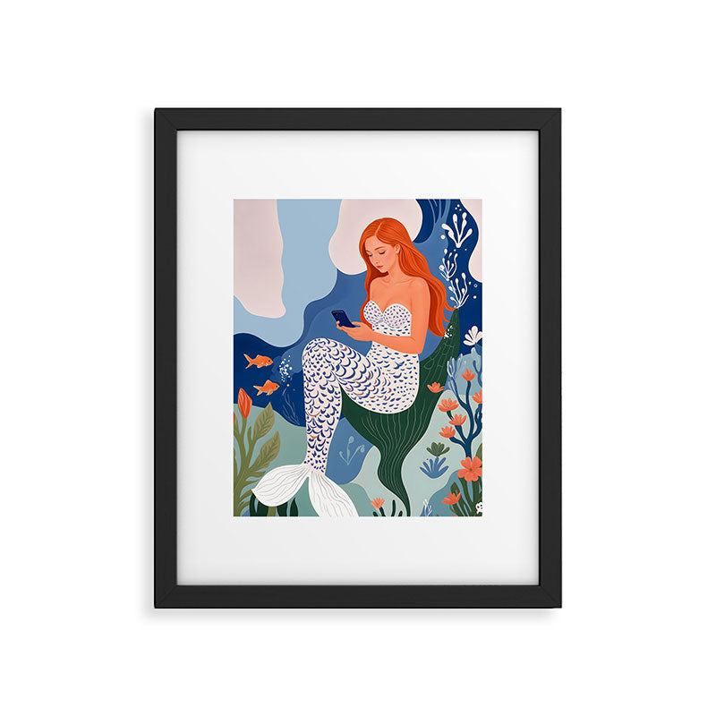 Digital Serenity, Gen Z Mermaid Underwater, Woman Girl Cellphone Mobile Device, Reels Whimsical Eclectic Boho, Contemporary Concept Ocean Painting Framed Art Print Gallery Image 5