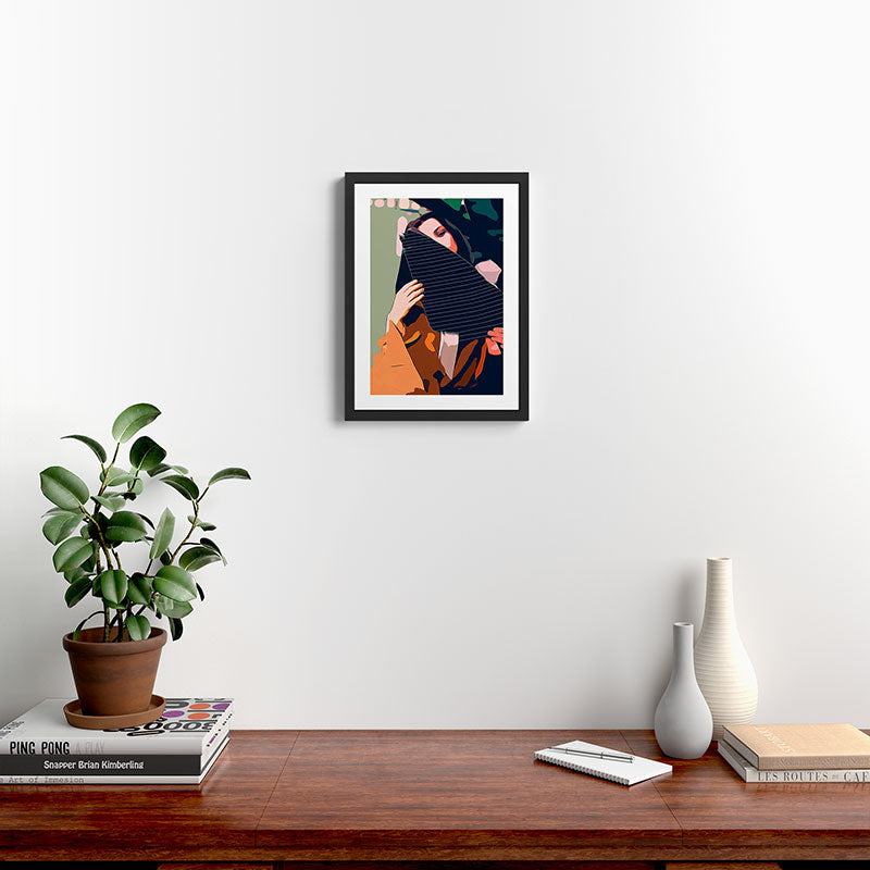 Don't Be Shy, Bohemian Woman Fashion Illustration, Eclectic Tropical Banana Leaves Feminism Framed Art Print Gallery Image 2