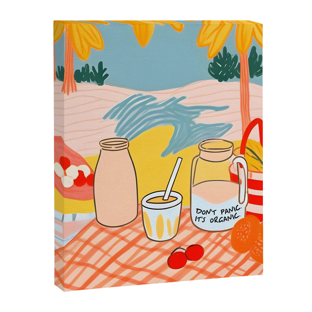 Don't Panic, It's Organic | Picnic Breakfast Travel Milk Food, Illustration Line art Drawing Minimal, Eclectic Modern Boho Painting Canvas Print Gallery Image 6