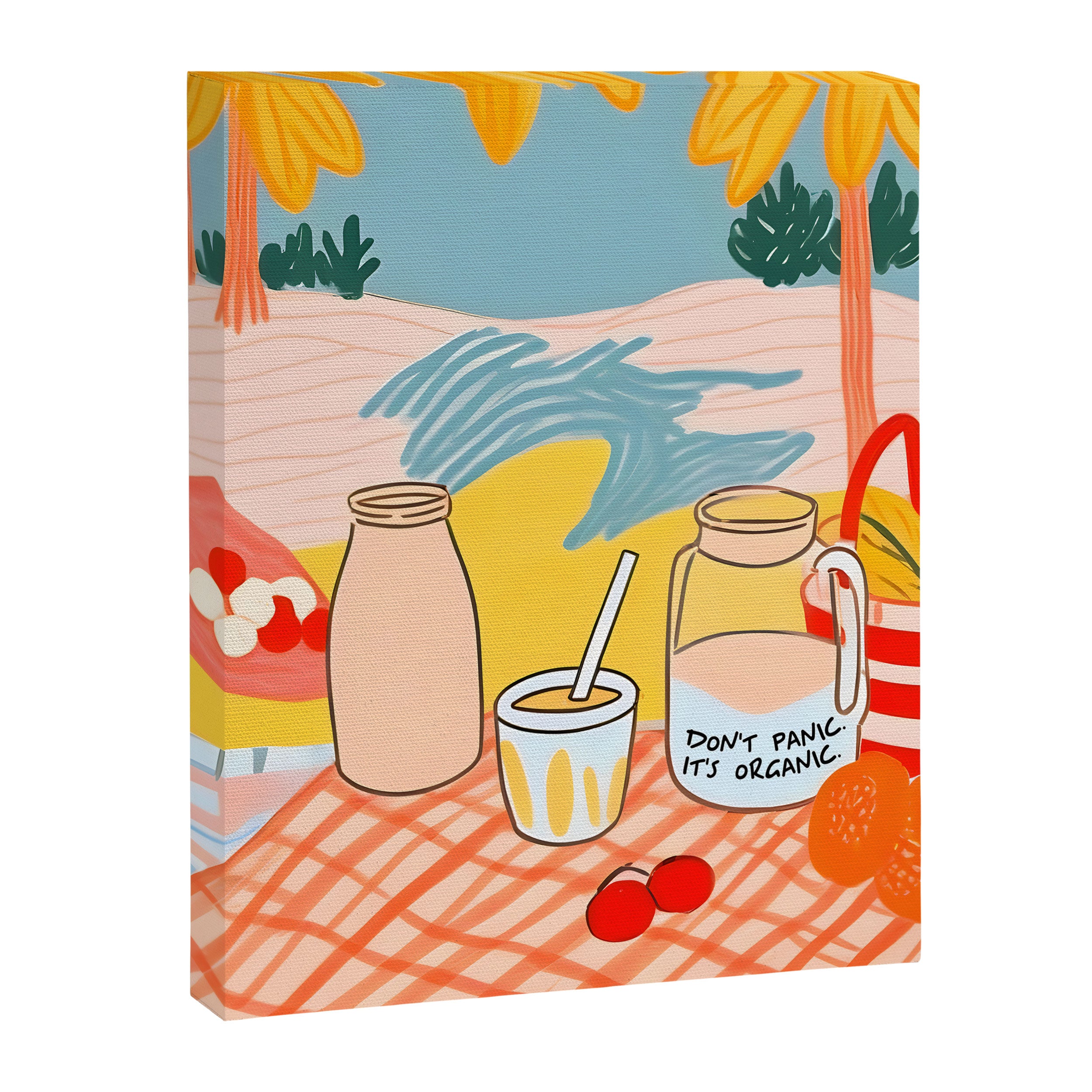 Don't Panic, It's Organic | Picnic Breakfast Travel Milk Food, Illustration Line art Drawing Minimal, Eclectic Modern Boho Painting Canvas Print Gallery Image 6
