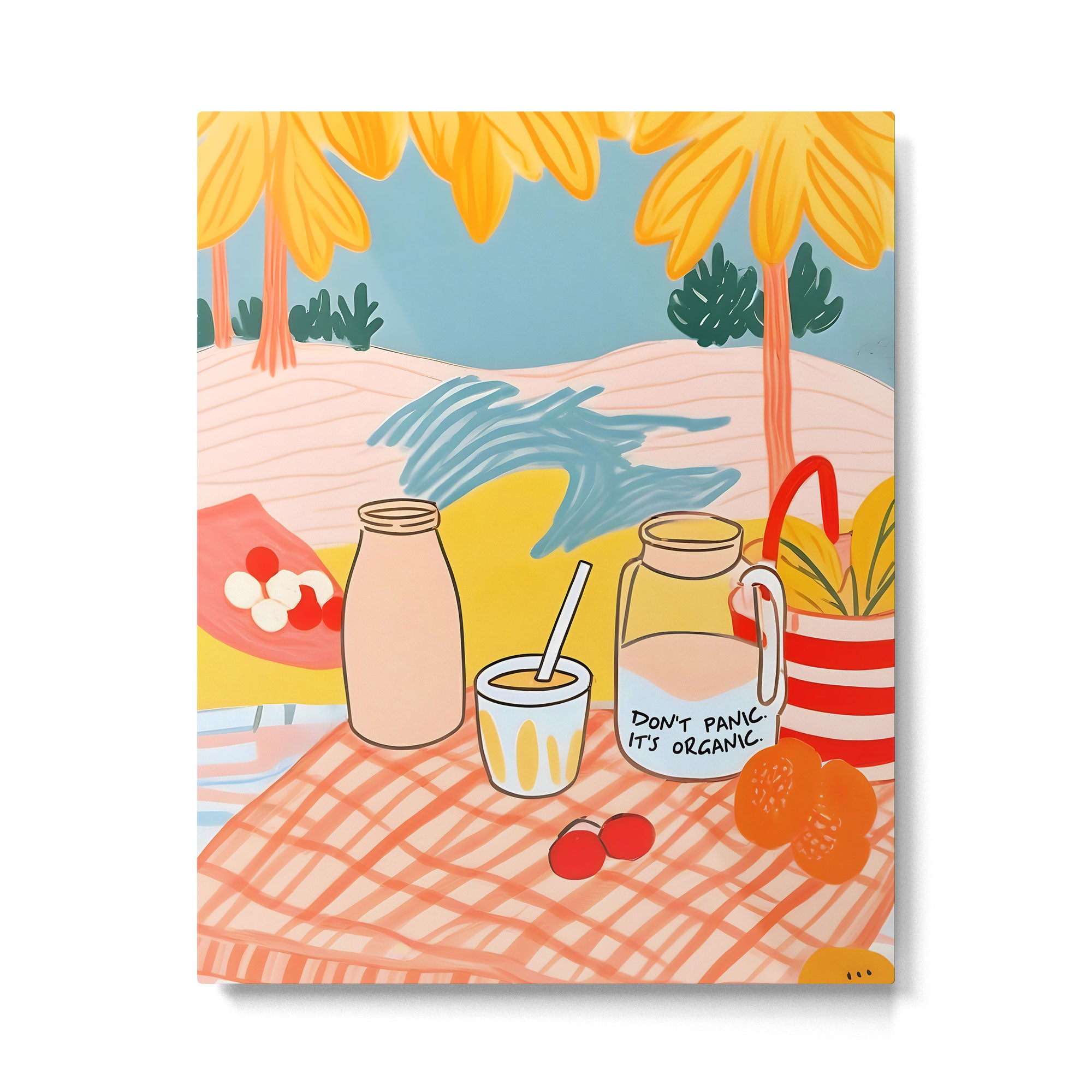 Don't Panic, It's Organic | Picnic Breakfast Travel Milk Food, Illustration Line art Drawing Minimal, Eclectic Modern Boho Painting Metal Print Gallery Image 4