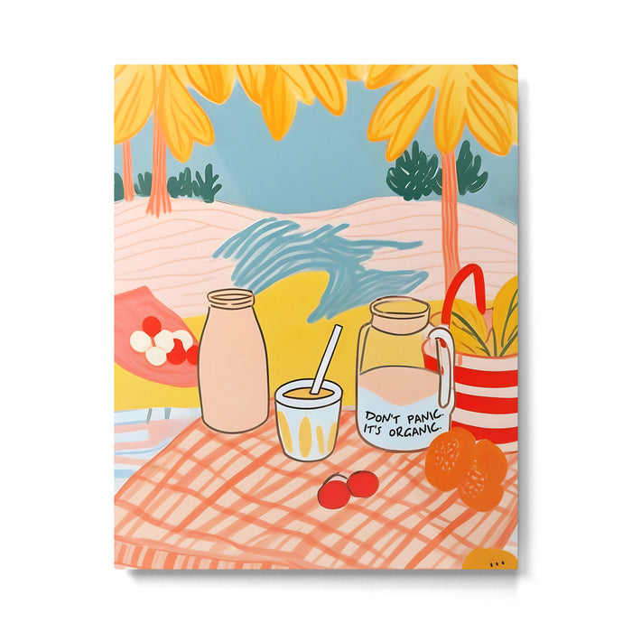 Don't Panic, It's Organic | Picnic Breakfast Travel Milk Food, Illustration Line art Drawing Minimal, Eclectic Modern Boho Painting Metal Print Gallery Image 1