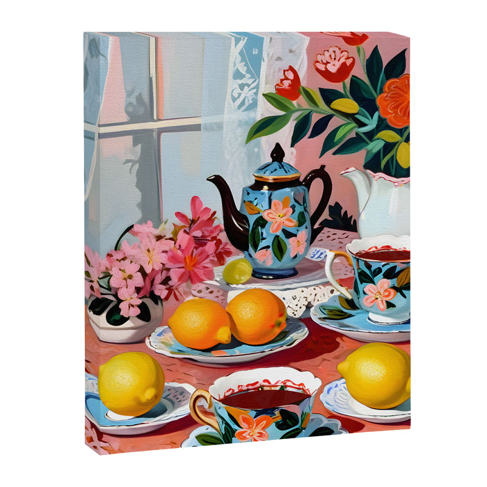 Earl Brown Tea Time, Tea Cups Supper High Tea, Slow Living Eclectic Whimsical Maximalist, Lemons Food Coffee Canvas Print Gallery Image 1