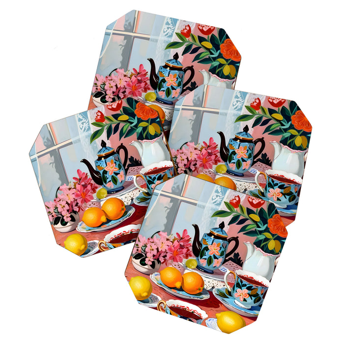 Earl Brown Tea Time, Tea Cups Supper High Tea, Slow Living Eclectic Whimsical Maximalist, Lemons Food Coffee Coaster Gallery Image 1