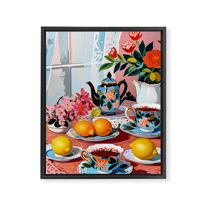 Earl Brown Tea Time, Tea Cups Supper High Tea, Slow Living Eclectic Whimsical Maximalist, Lemons Food Coffee Framed Canvas Print Gallery Image 1