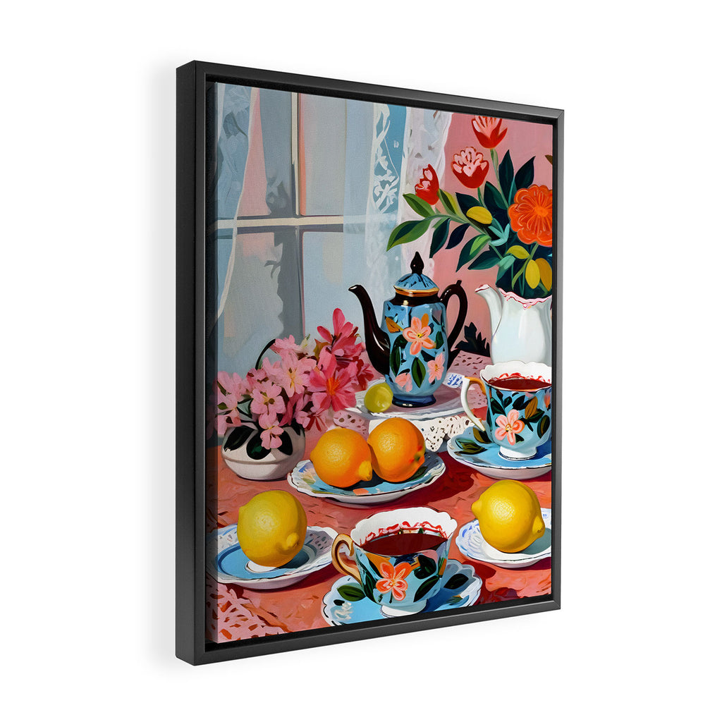 Earl Brown Tea Time, Tea Cups Supper High Tea, Slow Living Eclectic Whimsical Maximalist, Lemons Food Coffee Framed Canvas Print Gallery Image 2