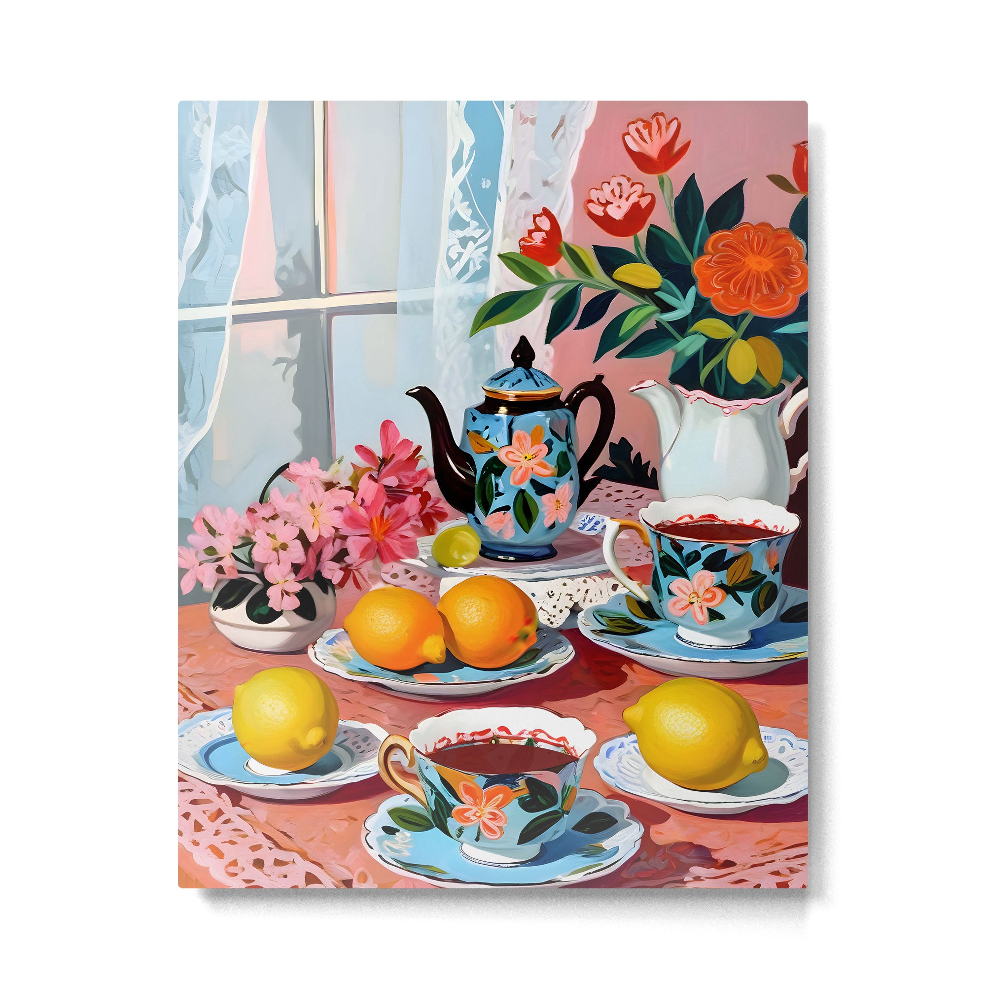 Earl Brown Tea Time, Tea Cups Supper High Tea, Slow Living Eclectic Whimsical Maximalist, Lemons Food Coffee Metal Print Gallery Image 4