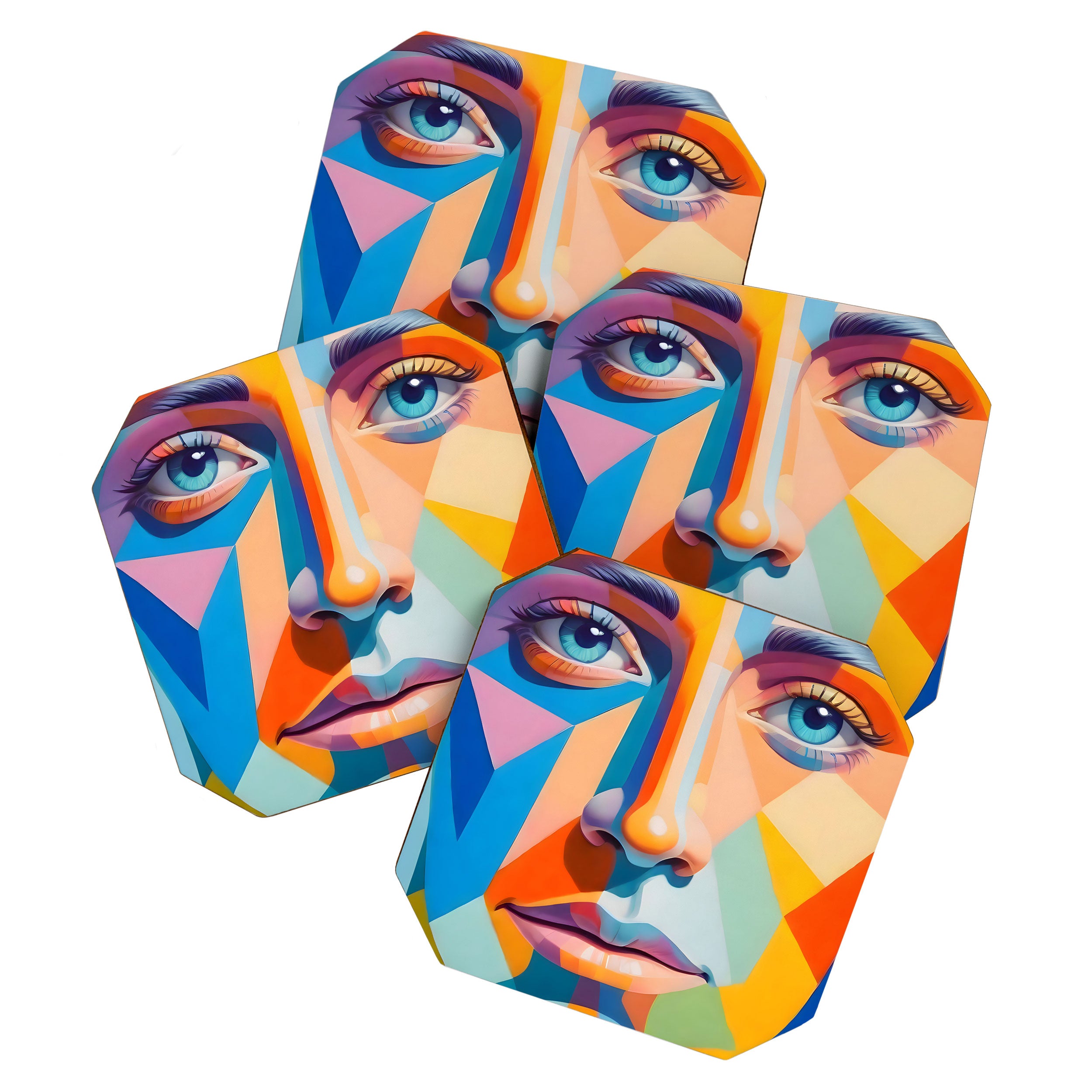 Face, Abstract Human Geometric Eclectic, Expressions Eyes Lips People, Bohemian Pop of Color Maximalism Coaster Gallery Image 1