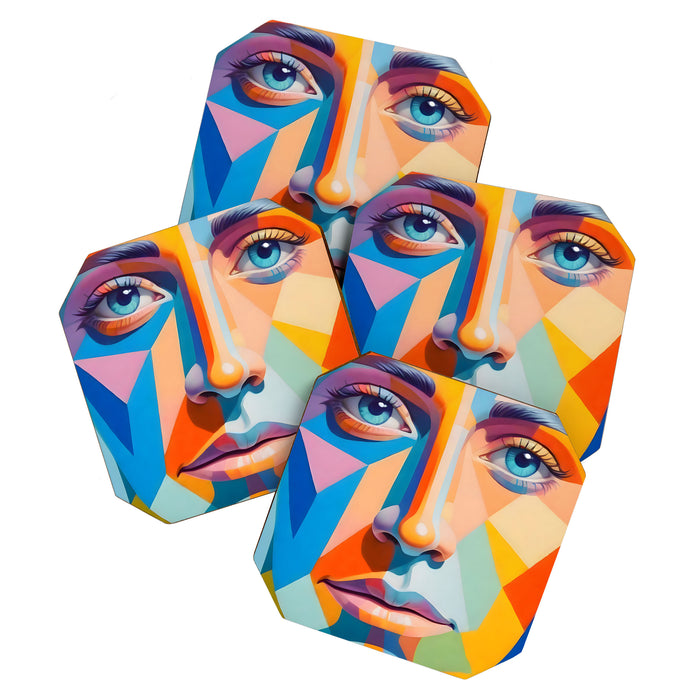 Face, Abstract Human Geometric Eclectic, Expressions Eyes Lips People, Bohemian Pop of Color Maximalism Coaster Gallery Image 1
