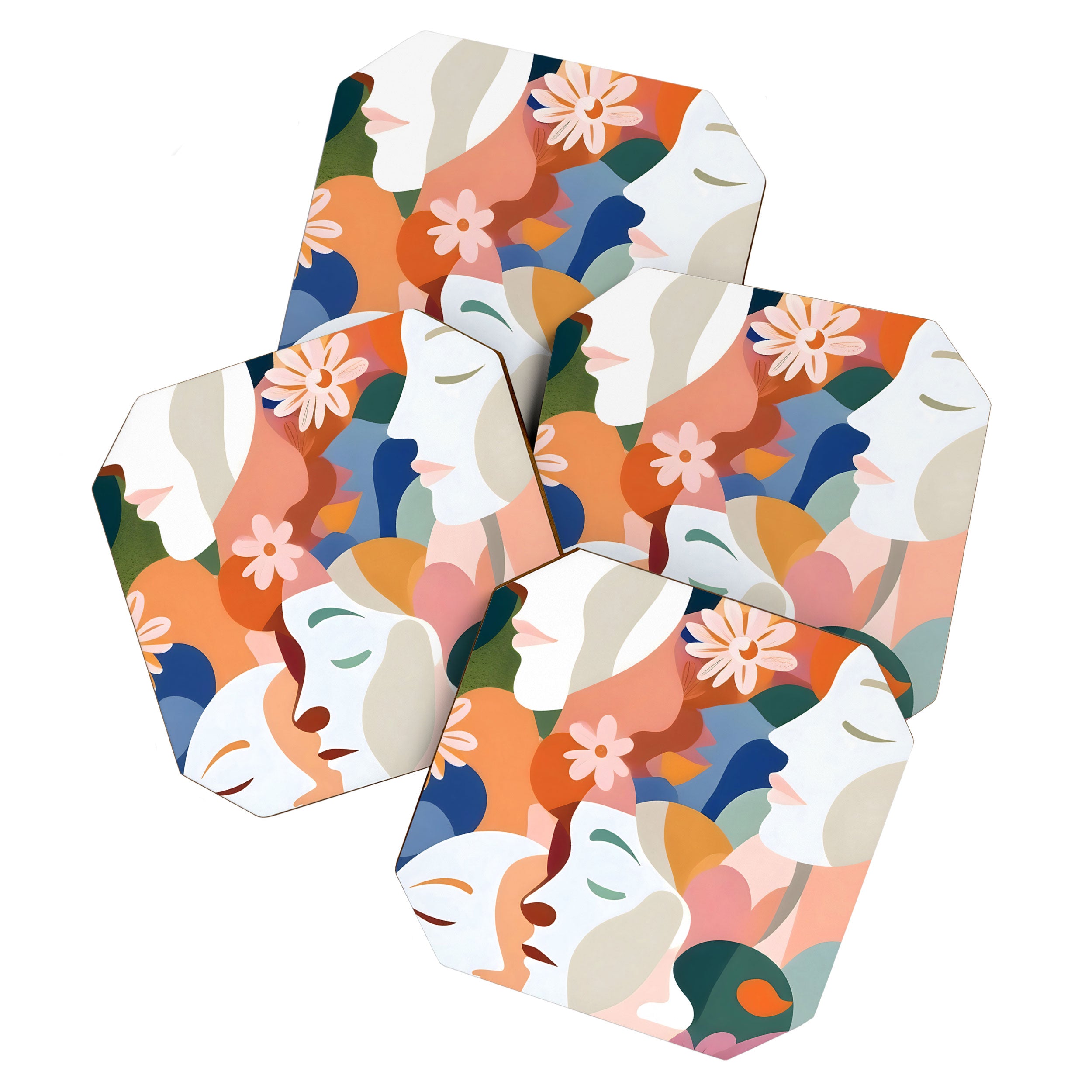 Facing The Flowers, Motivational Positive Mindset Growth Illustration, Human People Face Expression, Hope Optimism Floral Botanical Painting Coaster Gallery Image 1