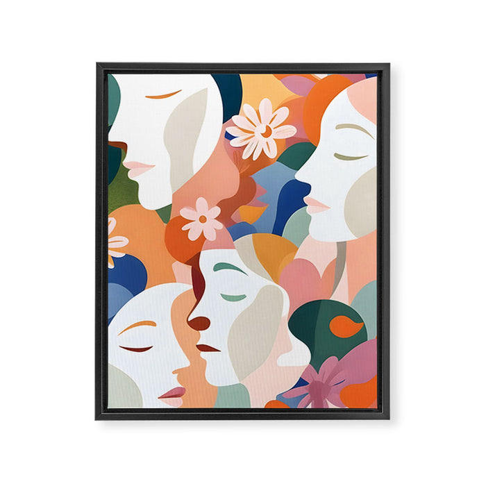 Facing The Flowers, Motivational Positive Mindset Growth Illustration, Human People Face Expression, Hope Optimism Floral Botanical Painting Framed Canvas Print Gallery Image 1