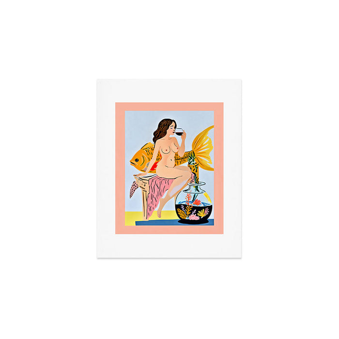 Fishy Shananigans, Eclectic Nude Woman Fish Wine Illustration, Quirky Whimsical Drinking Alcohol, Modern Bohemian Binging Weekend Painting Art Print Gallery Image 1