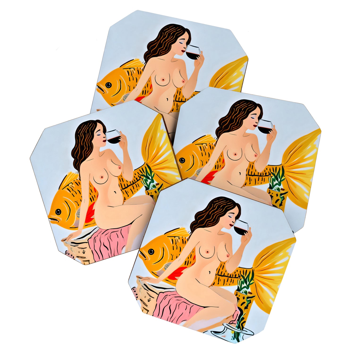 Fishy Shananigans, Eclectic Nude Woman Fish Wine Illustration, Quirky Whimsical Drinking Alcohol, Modern Bohemian Binging Weekend Painting Coaster Gallery Image 1