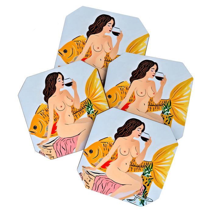 Fishy Shananigans, Eclectic Nude Woman Fish Wine Illustration, Quirky Whimsical Drinking Alcohol, Modern Bohemian Binging Weekend Painting Coaster Gallery Image 1