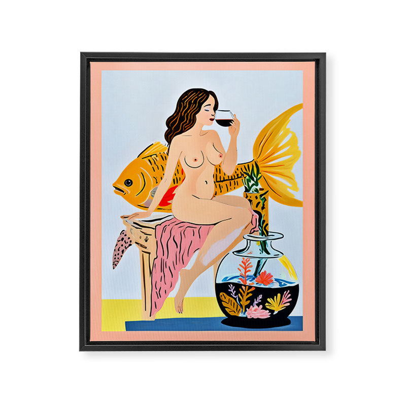 Fishy Shananigans, Eclectic Nude Woman Fish Wine Illustration, Quirky Whimsical Drinking Alcohol, Modern Bohemian Binging Weekend Painting Framed Canvas Print Gallery Image 6