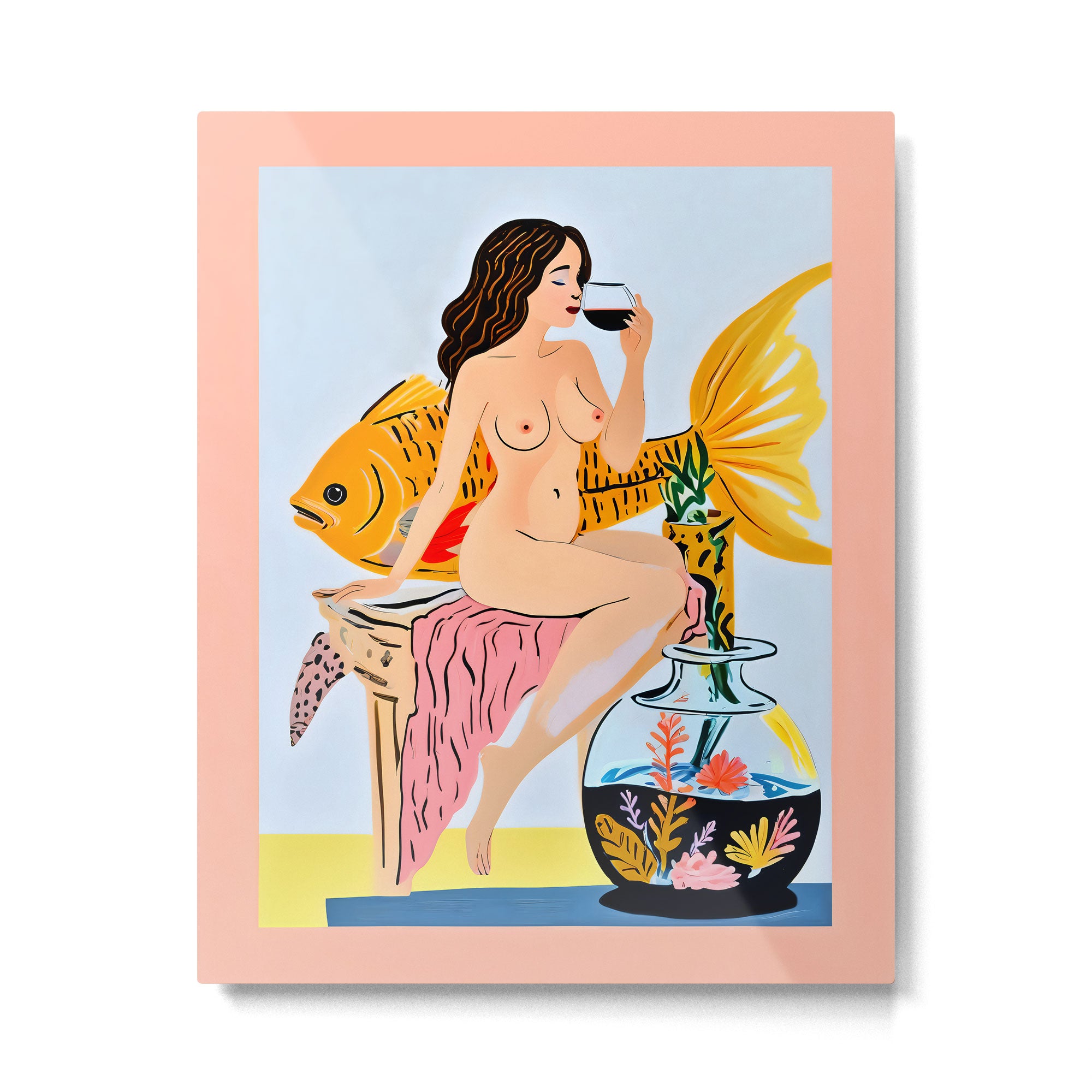 Fishy Shananigans, Eclectic Nude Woman Fish Wine Illustration, Quirky Whimsical Drinking Alcohol, Modern Bohemian Binging Weekend Painting Metal Print Gallery Image 4