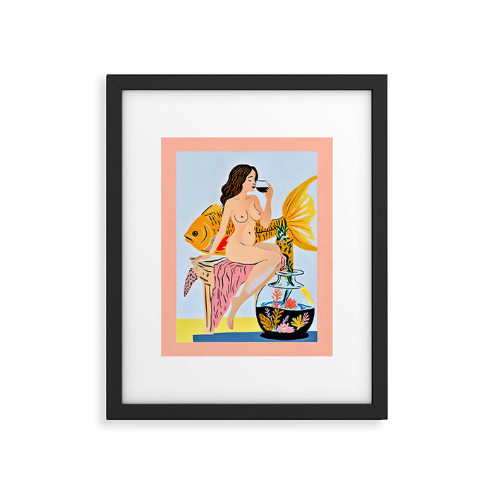 Fishy Shananigans, Eclectic Nude Woman Fish Wine Illustration, Quirky Whimsical Drinking Alcohol, Modern Bohemian Binging Weekend Painting Framed Art Print Gallery Image 1