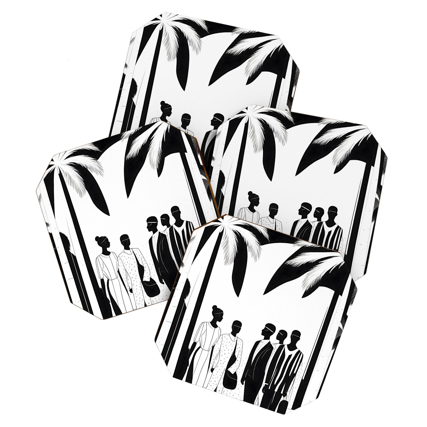 Five, Tropical African People Meeting, Abstract Back & White Travel, Palm Jungle Human Shadows Eclectic Noho Coaster Gallery Image 1