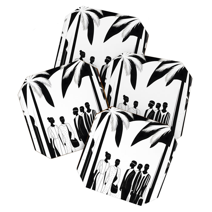 Five, Tropical African People Meeting, Abstract Back & White Travel, Palm Jungle Human Shadows Eclectic Noho Coaster Gallery Image 1