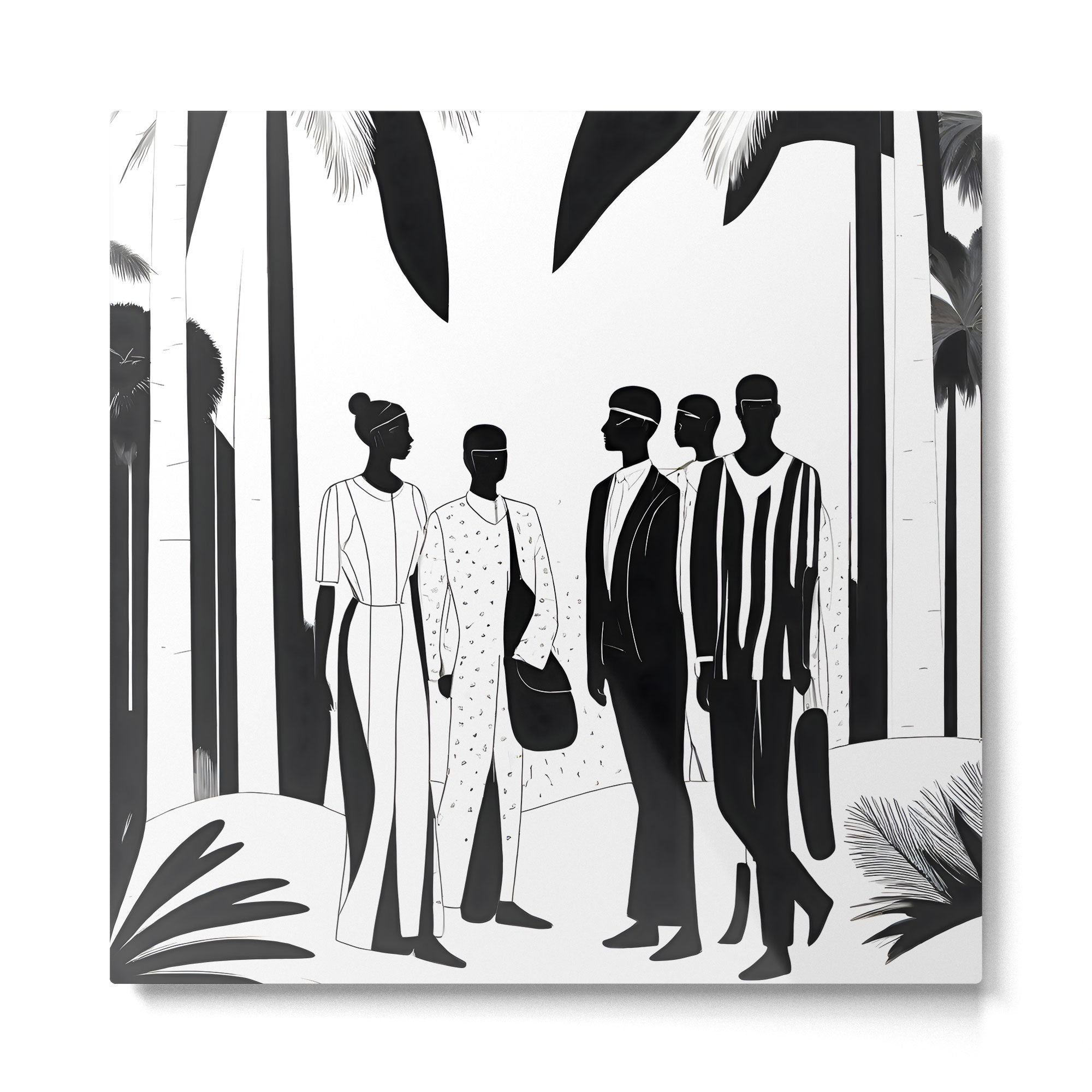 Five, Tropical African People Meeting, Abstract Back & White Travel, Palm Jungle Human Shadows Eclectic Noho Metal Print Gallery Image 2