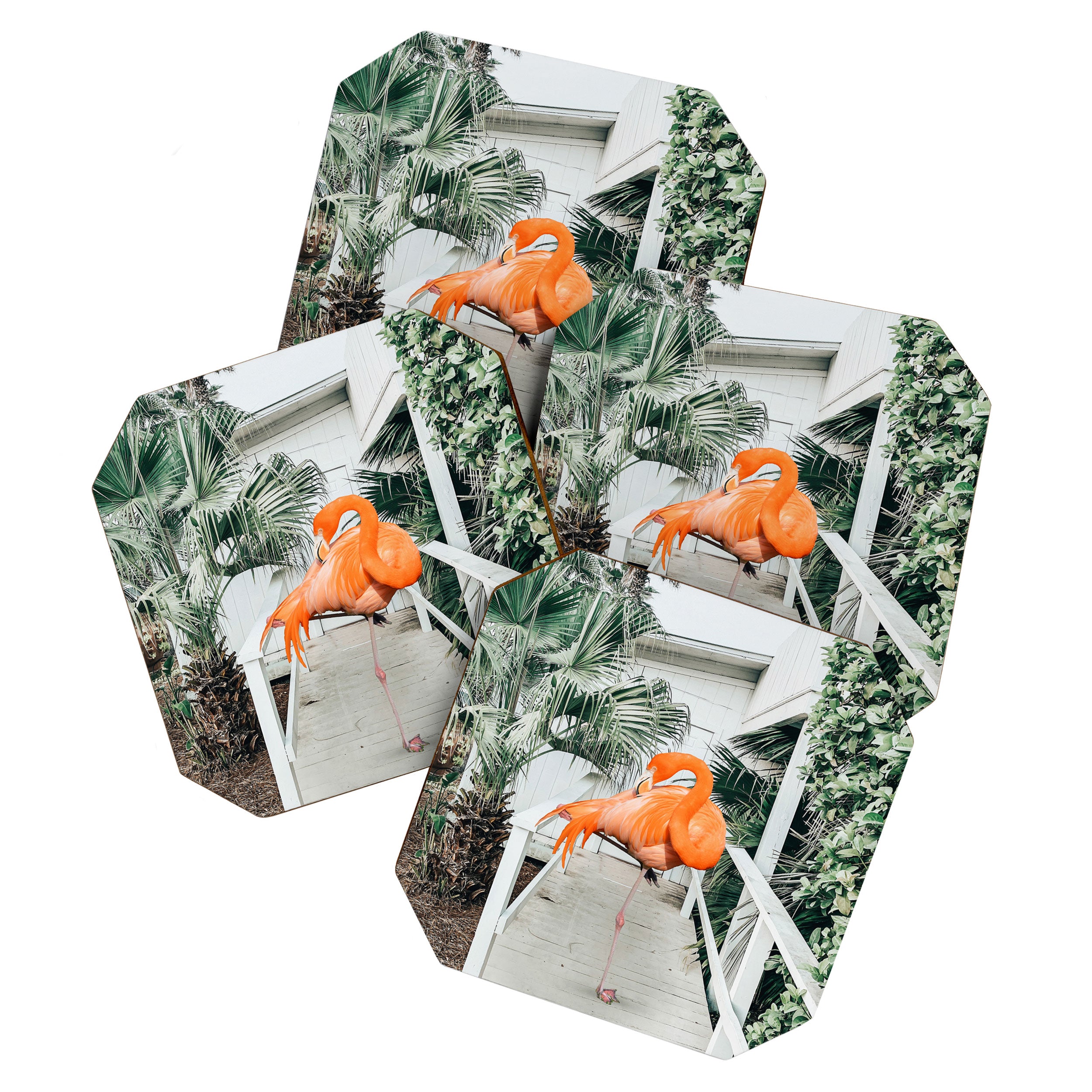 Flamingo Beach House, Wildlife Architecture Jungle Photography, Eclectic Birds Digital Art Coaster Gallery Image 1