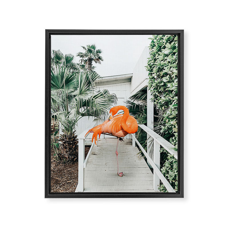 Flamingo Beach House, Wildlife Architecture Jungle Photography, Eclectic Birds Digital Art Framed Canvas Print Gallery Image 6