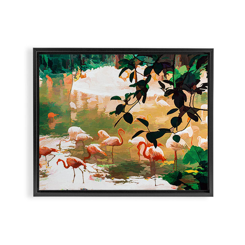 Flamingo Sighting, Jungle Nature Wildlife Birds Painting, Animals Forest Safari Illustration Framed Canvas Print Gallery Image 6