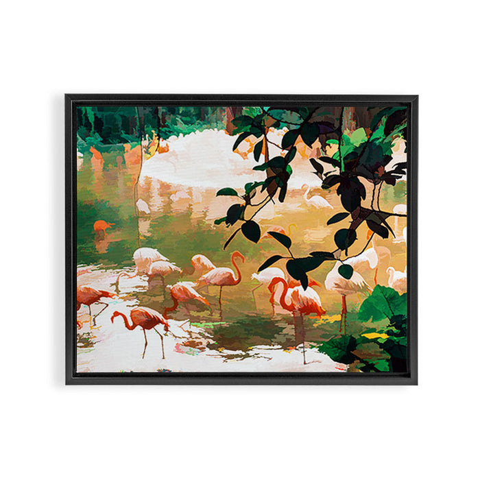 Flamingo Sighting, Jungle Nature Wildlife Birds Painting, Animals Forest Safari Illustration Framed Canvas Print Gallery Image 1