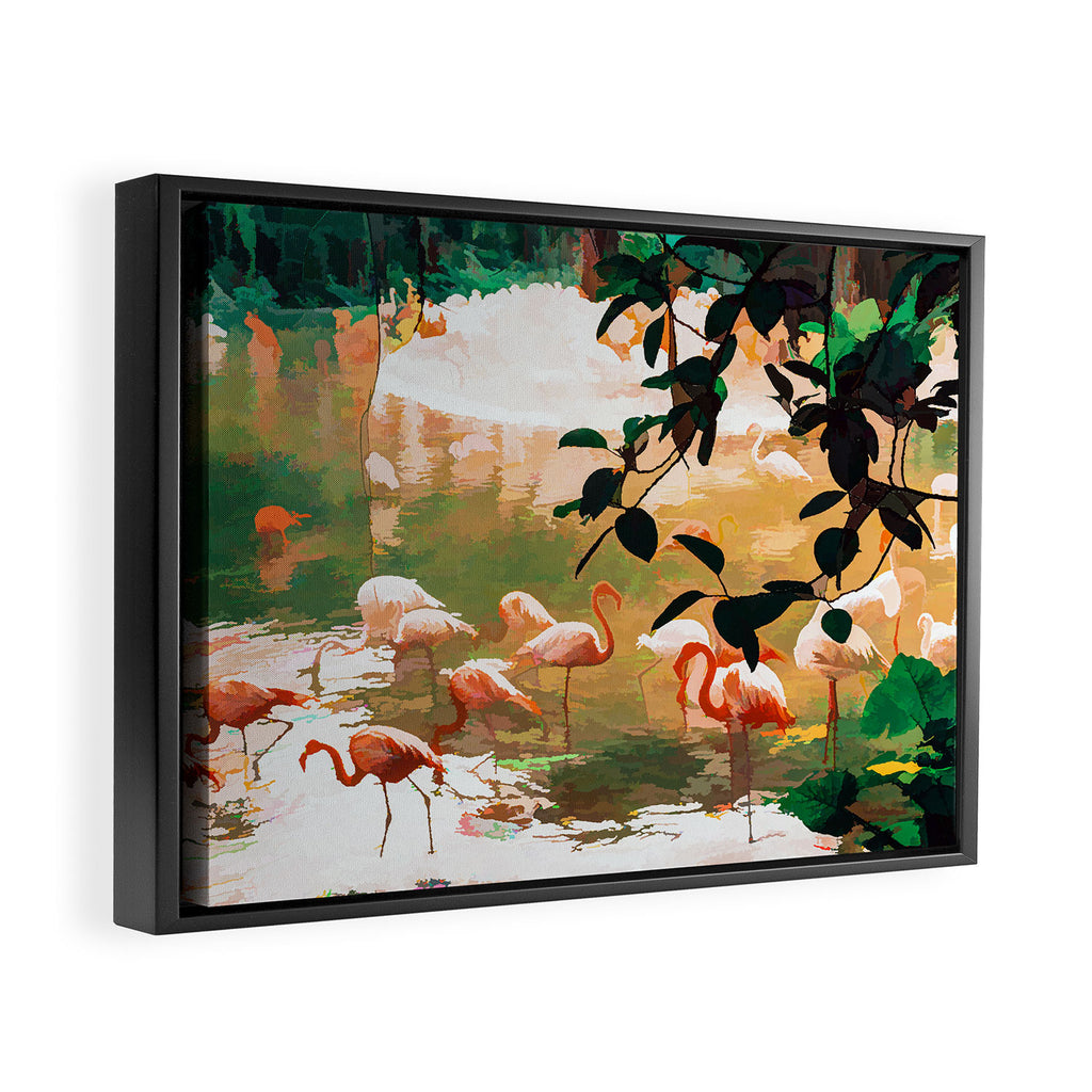 Flamingo Sighting, Jungle Nature Wildlife Birds Painting, Animals Forest Safari Illustration Framed Canvas Print Gallery Image 2
