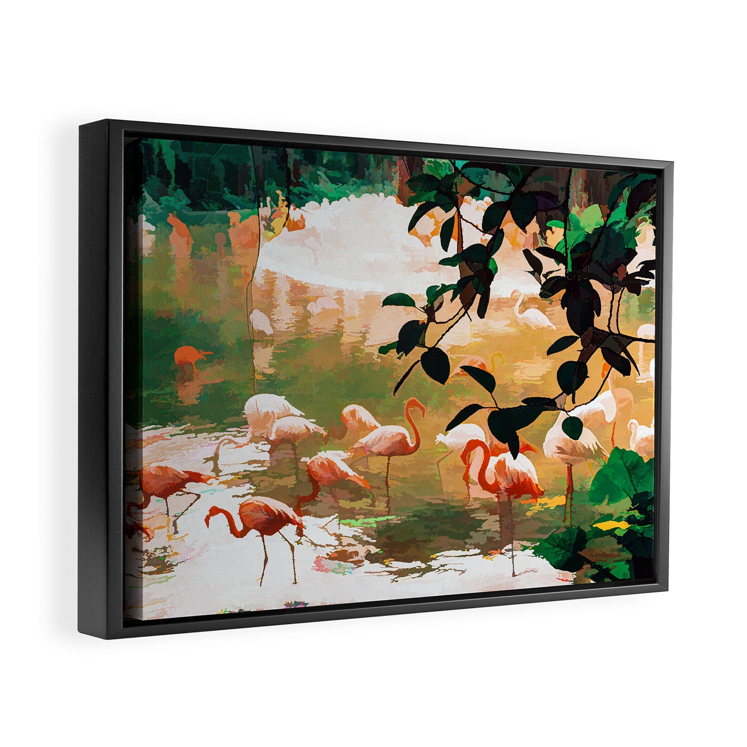 Flamingo Sighting, Jungle Nature Wildlife Birds Painting, Animals Forest Safari Illustration Framed Canvas Print Gallery Image 2