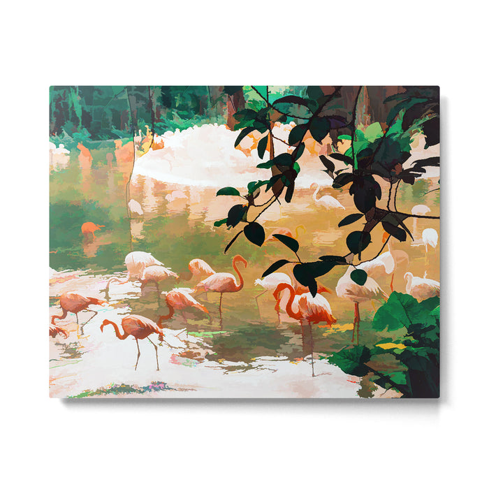 Flamingo Sighting, Jungle Nature Wildlife Birds Painting, Animals Forest Safari Illustration Metal Print Gallery Image 1