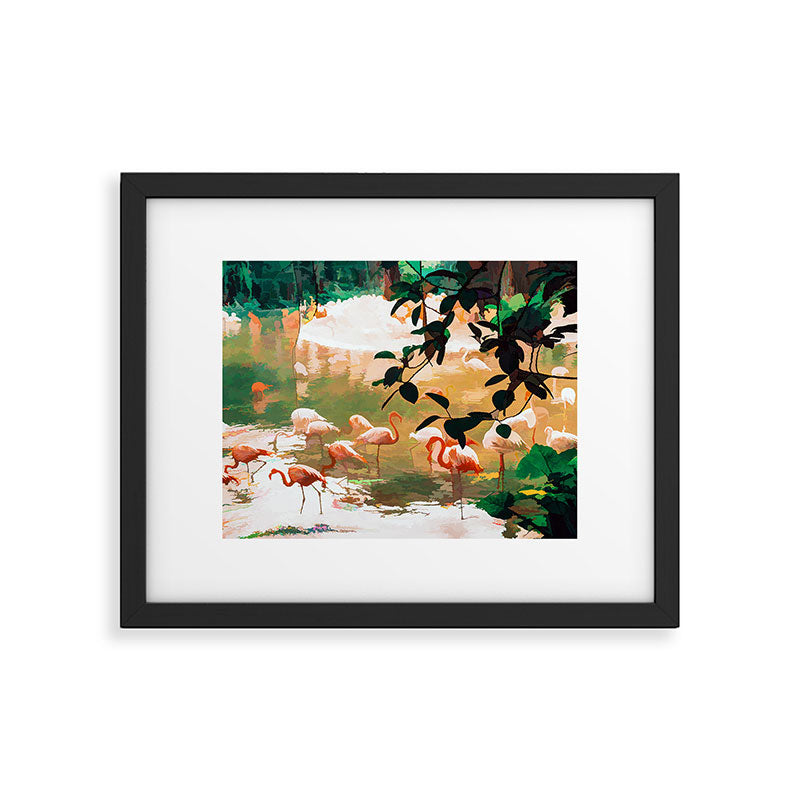 Flamingo Sighting, Jungle Nature Wildlife Birds Painting, Animals Forest Safari Illustration Framed Art Print Gallery Image 5
