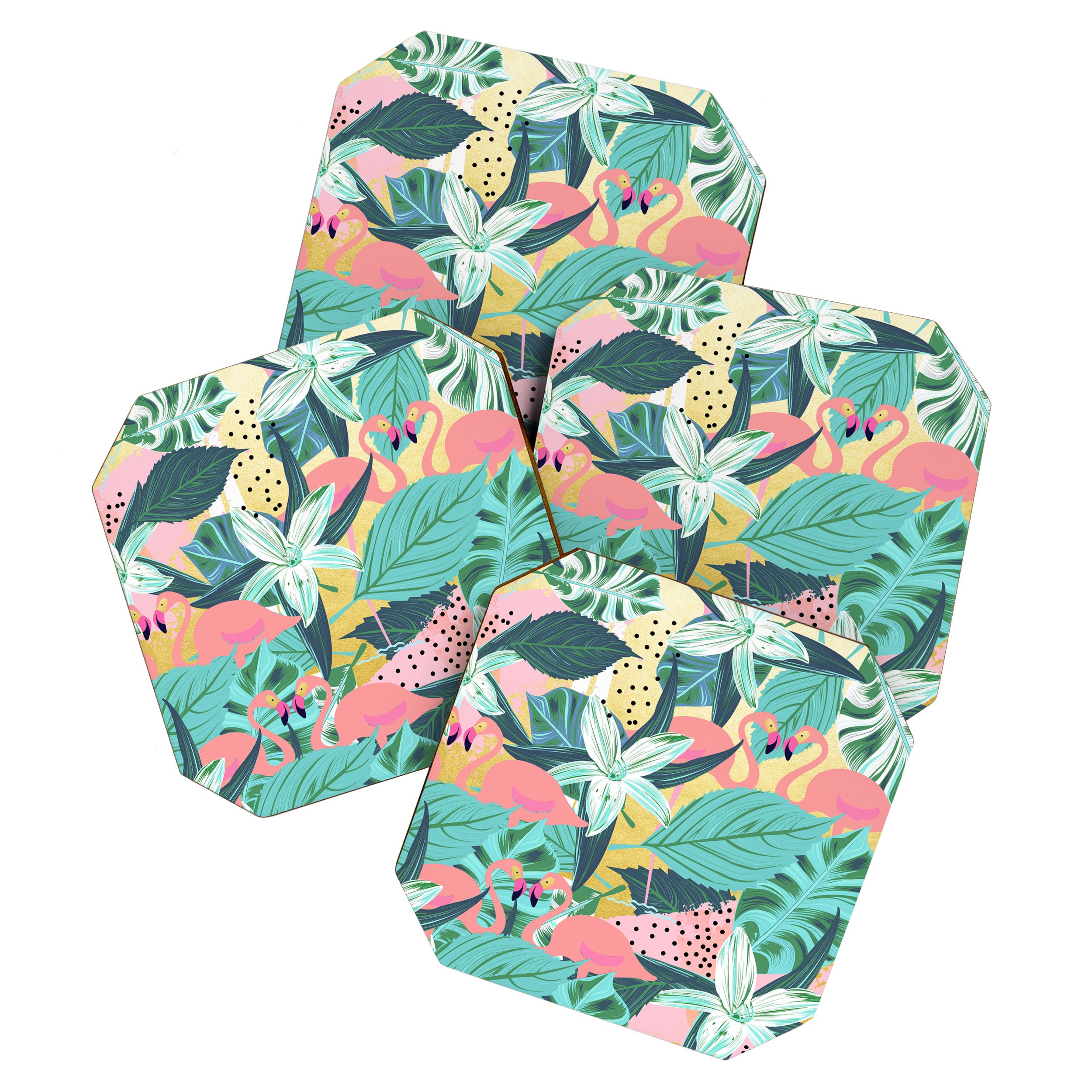 Flamingo Tropical, Colorful Modern Bohemian Eclectic Jungle Graphic Design, Blush Forest Gold Floral Coaster Gallery Image 1