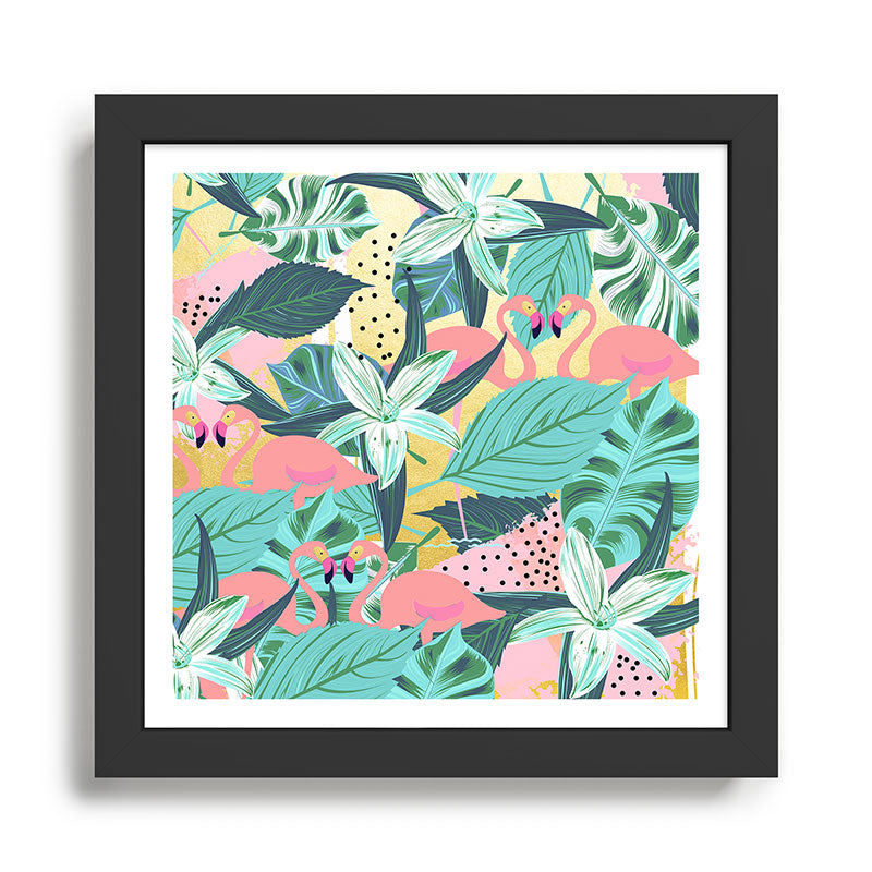 Flamingo Tropical, Colorful Modern Bohemian Eclectic Jungle Graphic Design, Blush Forest Gold Floral Framed Art Print Gallery Image 1