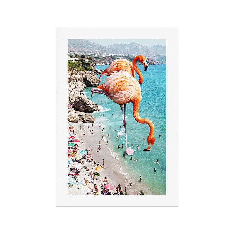 Flamingos on the Beach, Wildlife Surrealism Birds, Nature Flamingo Fantasy Beach Summer Photography Art Print Gallery Image 1