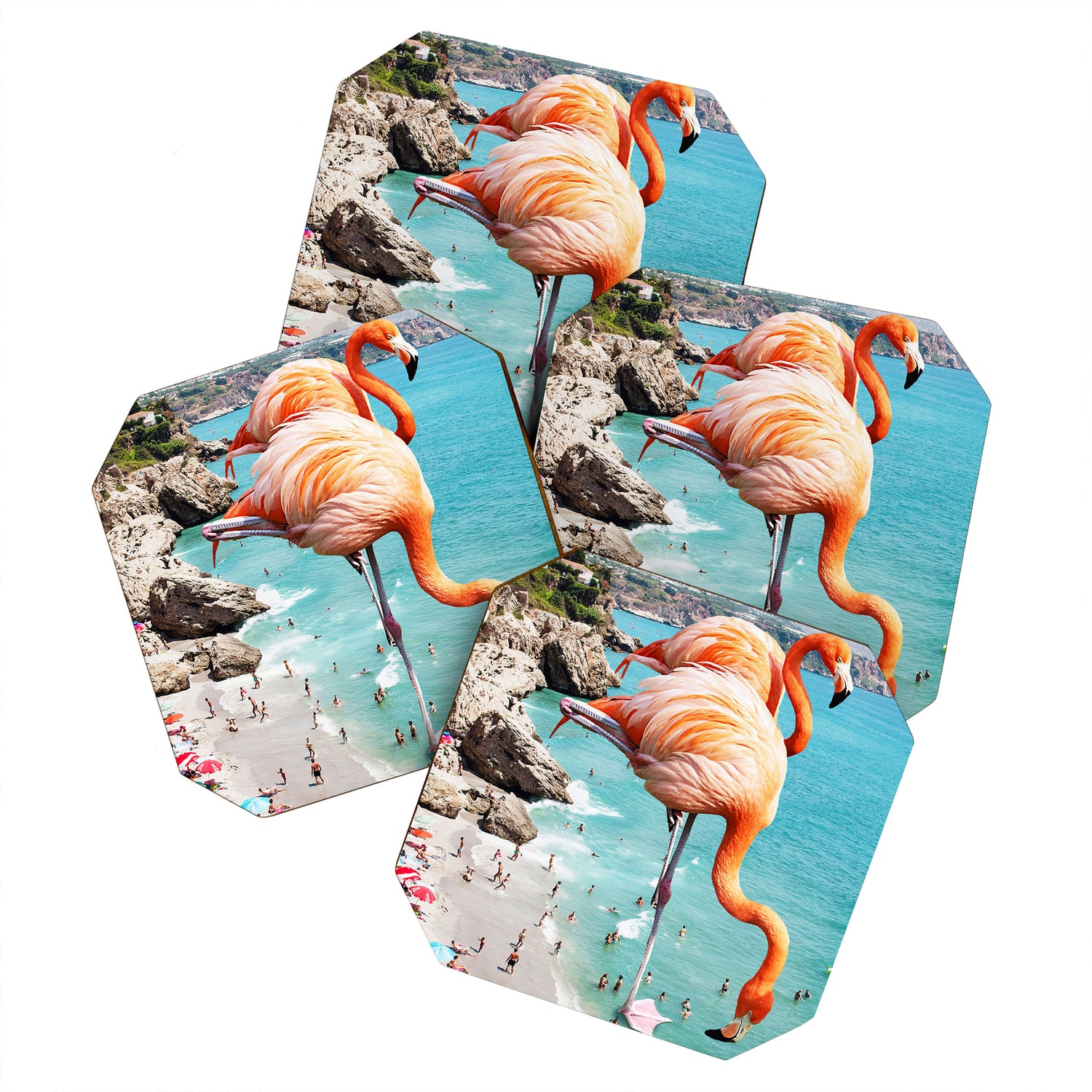 Flamingos on the Beach, Wildlife Surrealism Birds, Nature Flamingo Fantasy Beach Summer Photography Coaster Gallery Image 1