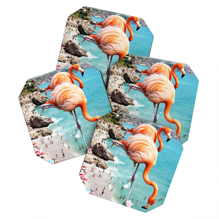 Flamingos on the Beach, Wildlife Surrealism Birds, Nature Flamingo Fantasy Beach Summer Photography Coaster Gallery Image 1
