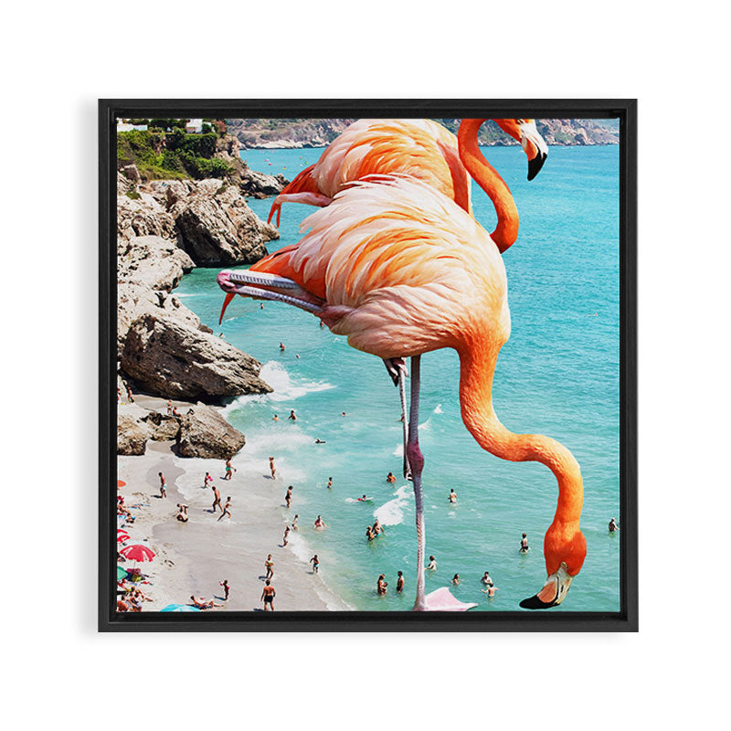 Flamingos on the Beach, Wildlife Surrealism Birds, Nature Flamingo Fantasy Beach Summer Photography Framed Canvas Print Gallery Image 3