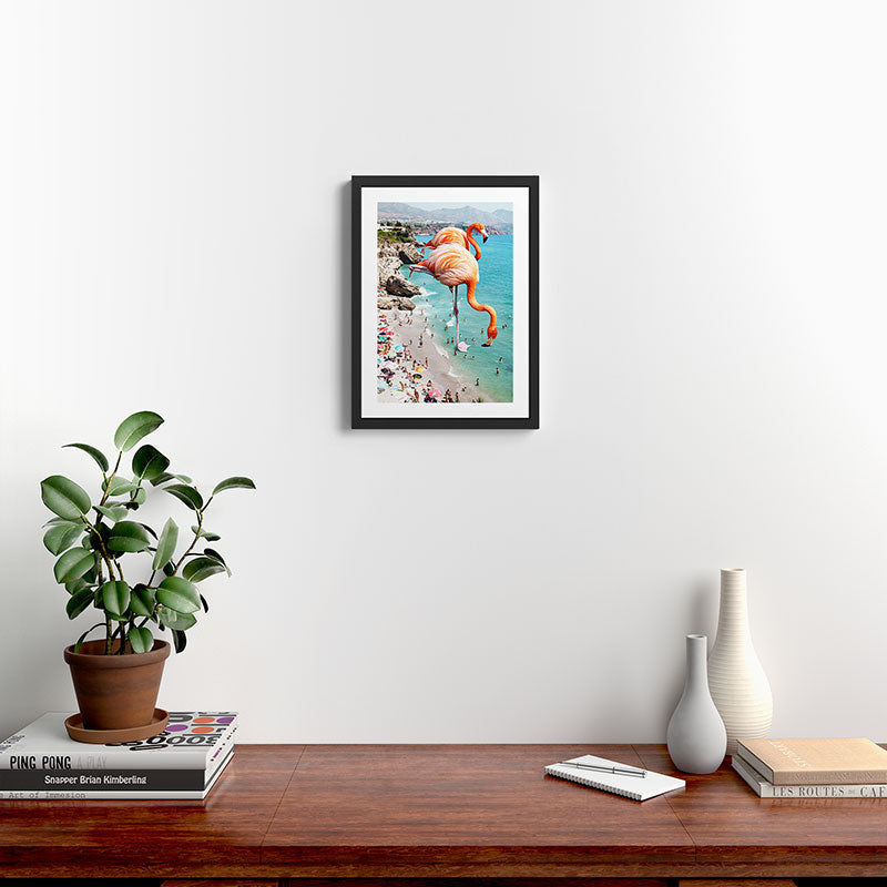 Flamingos on the Beach, Wildlife Surrealism Birds, Nature Flamingo Fantasy Beach Summer Photography Framed Art Print Gallery Image 2