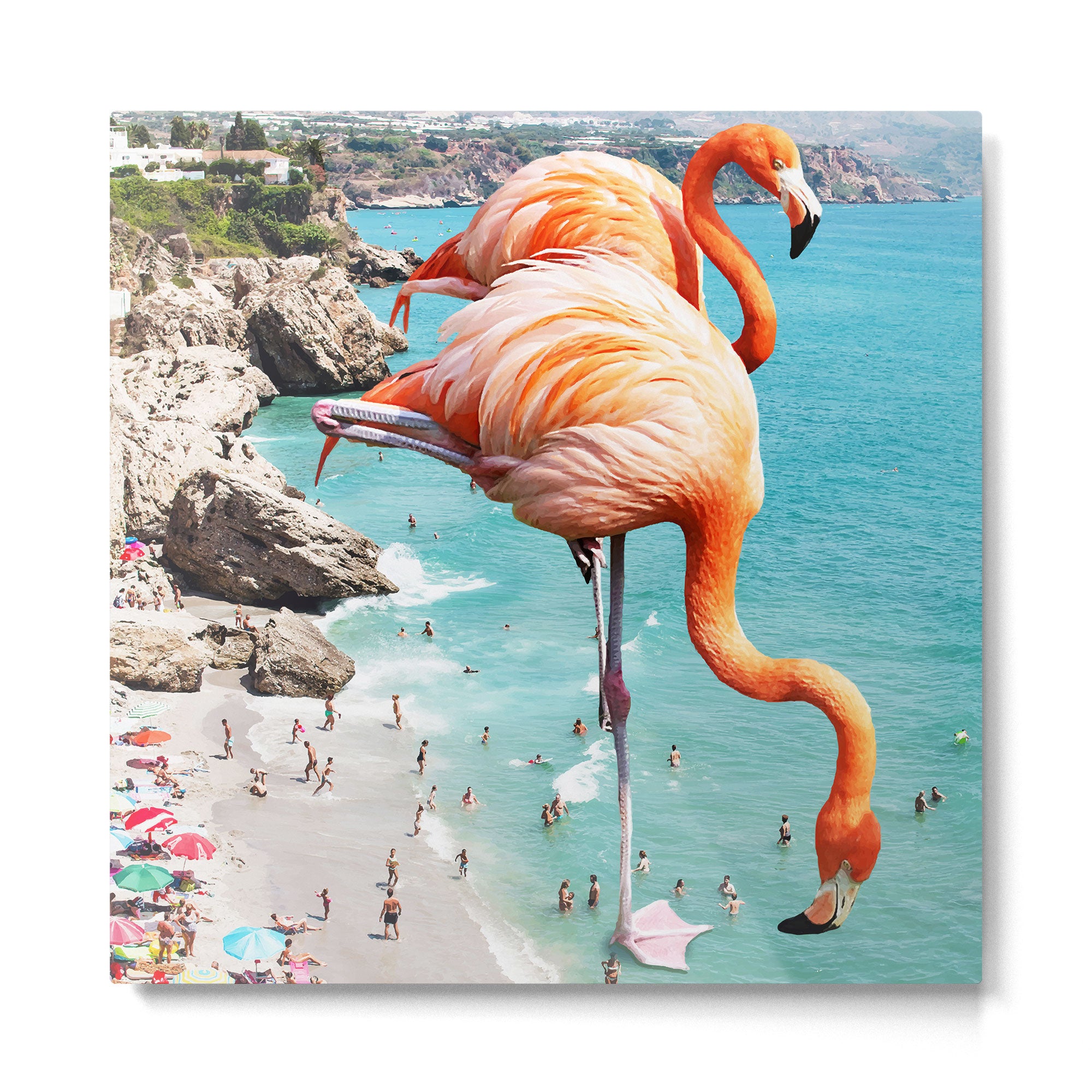 Flamingos on the Beach, Wildlife Surrealism Birds, Nature Flamingo Fantasy Beach Summer Photography Metal Print Gallery Image 2