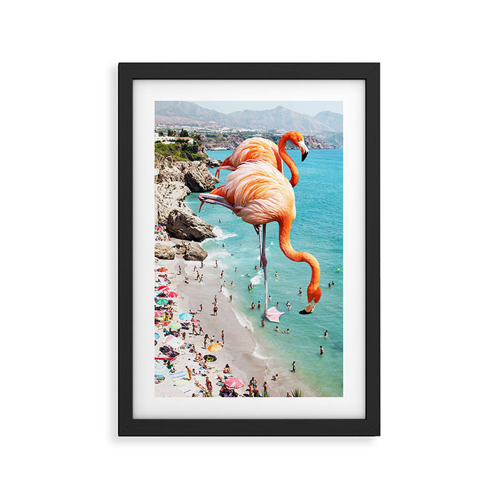 Flamingos on the Beach, Wildlife Surrealism Birds, Nature Flamingo Fantasy Beach Summer Photography Framed Art Print Gallery Image 1