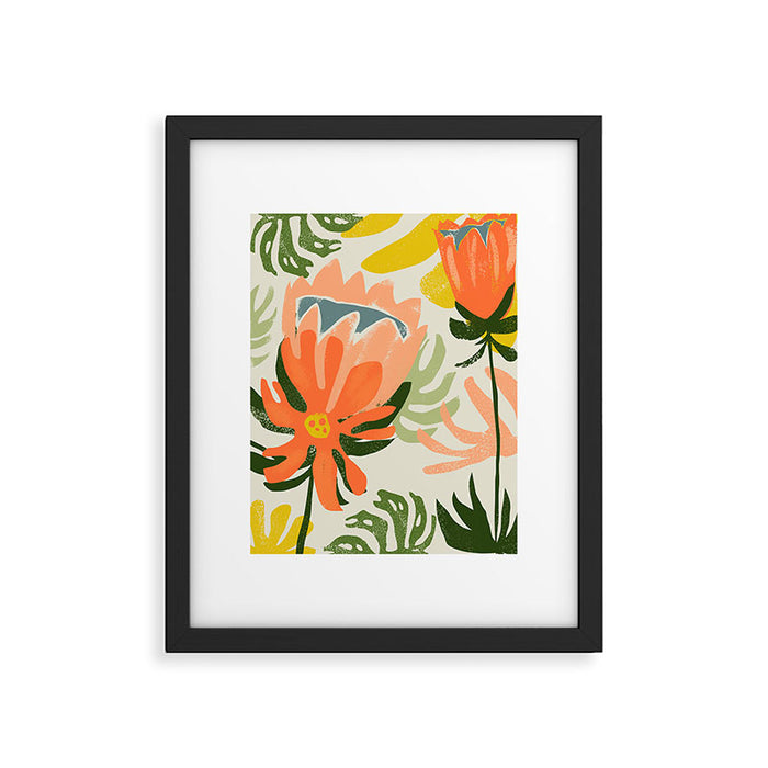 Flowers & Rain, Summer Floral Nature Botanical Painting, Modern Colorful Bohemian Illustration Framed Art Print Gallery Image 1