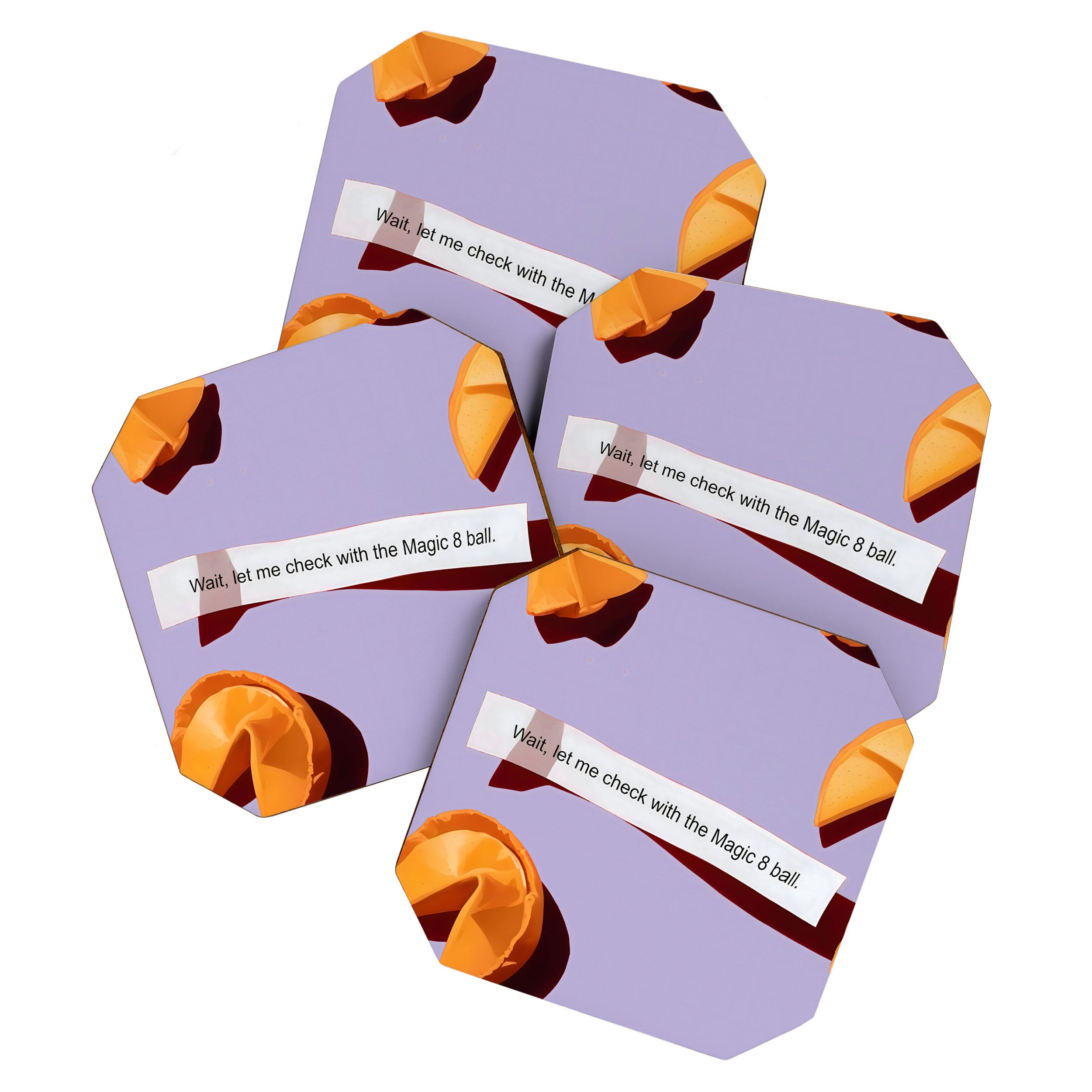 Fortune Cookie & Magic 8 Ball, Funny Cute Typography Illustration, Chinese Food Humor Joke, Fortune-Teller Predict Prophecy Note Violet  Coaster Gallery Image 1