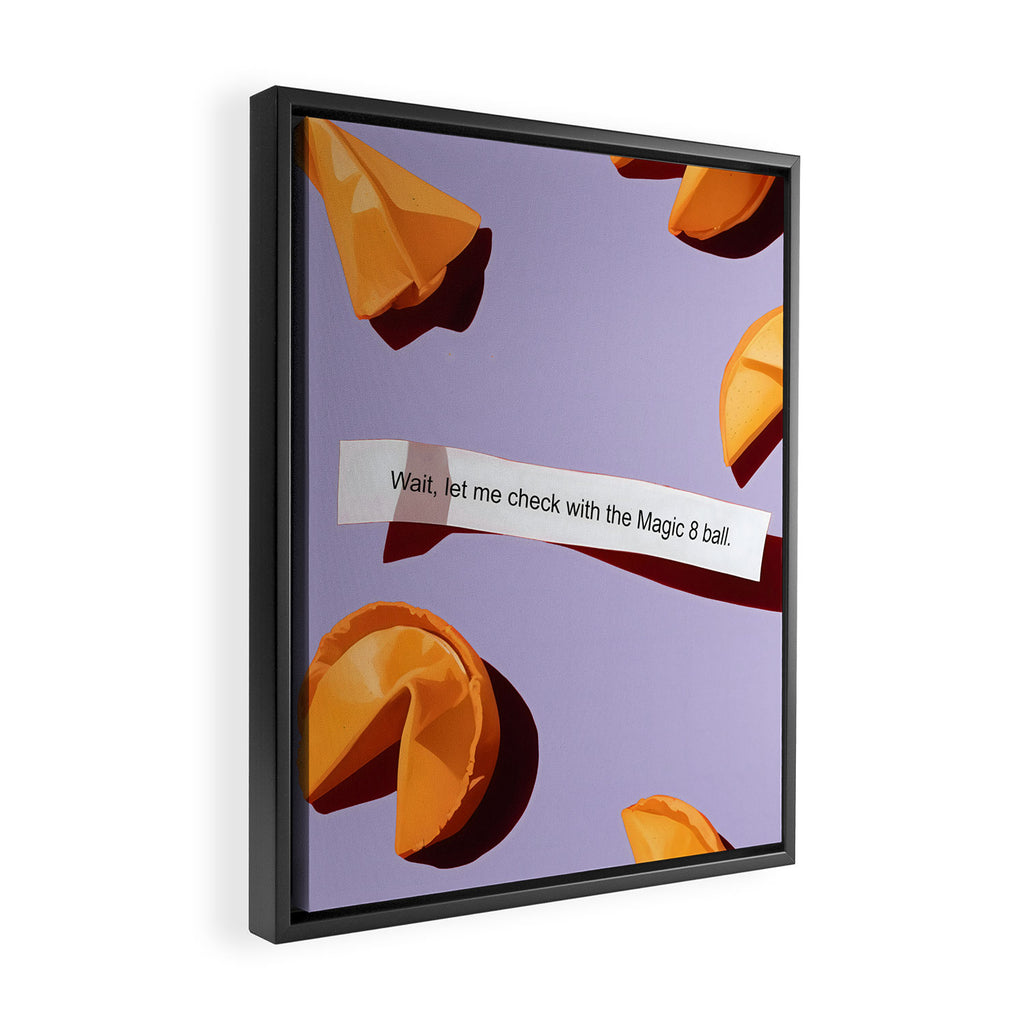Fortune Cookie & Magic 8 Ball, Funny Cute Typography Illustration, Chinese Food Humor Joke, Fortune-Teller Predict Prophecy Note Violet  Framed Canvas Print Gallery Image 2